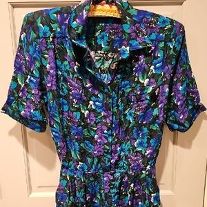 80s Jessica Howard Vibrant Floral Dress Blue Purple Size 10 Short Sleeve Vintage